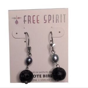 NWT Peyote Bird Freshwater Pearl Carved Wood Sterling Silver Dangle Earrings